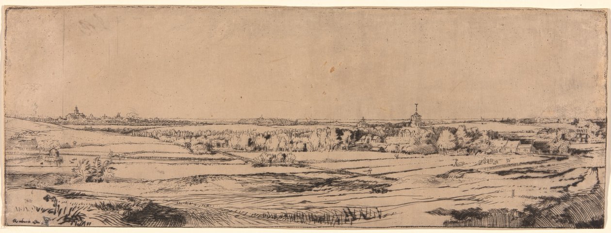 Panorama perto de Bloemendaal mostrando a propriedade de Saxenburg (o campo do pesador de ouro) de Rembrandt van Rijn