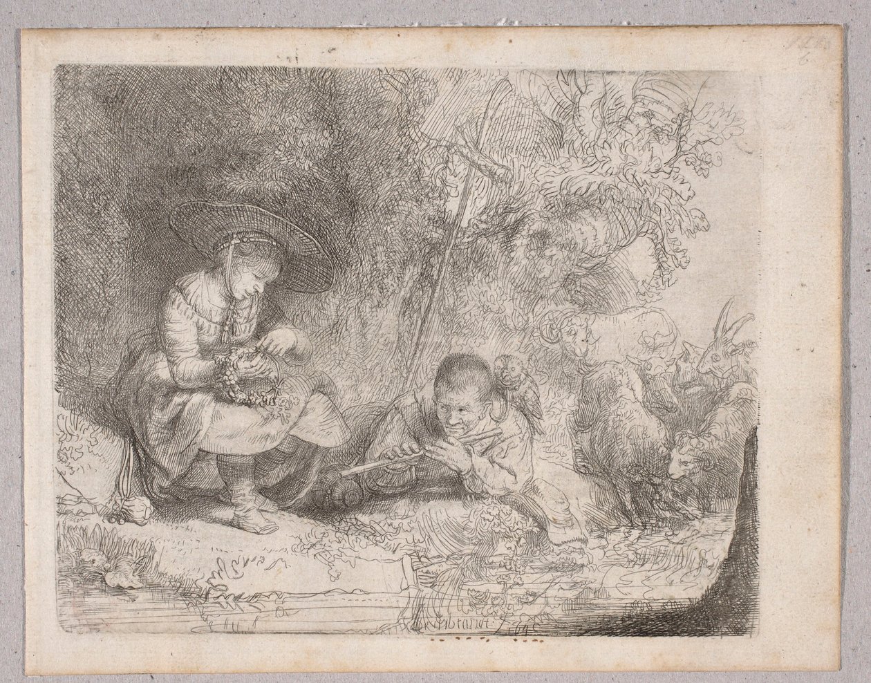 Pastor a tocar flauta (Vista de Omval com uma pastora e um pastor a tocar flauta) de Rembrandt van Rijn