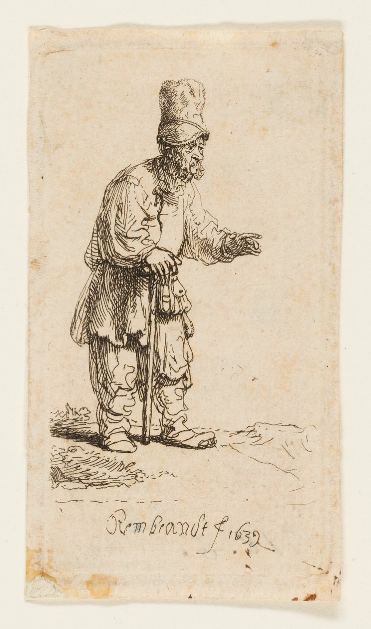 Camponês em um boné alto, em pé apoiado em uma vara de Rembrandt van Rijn