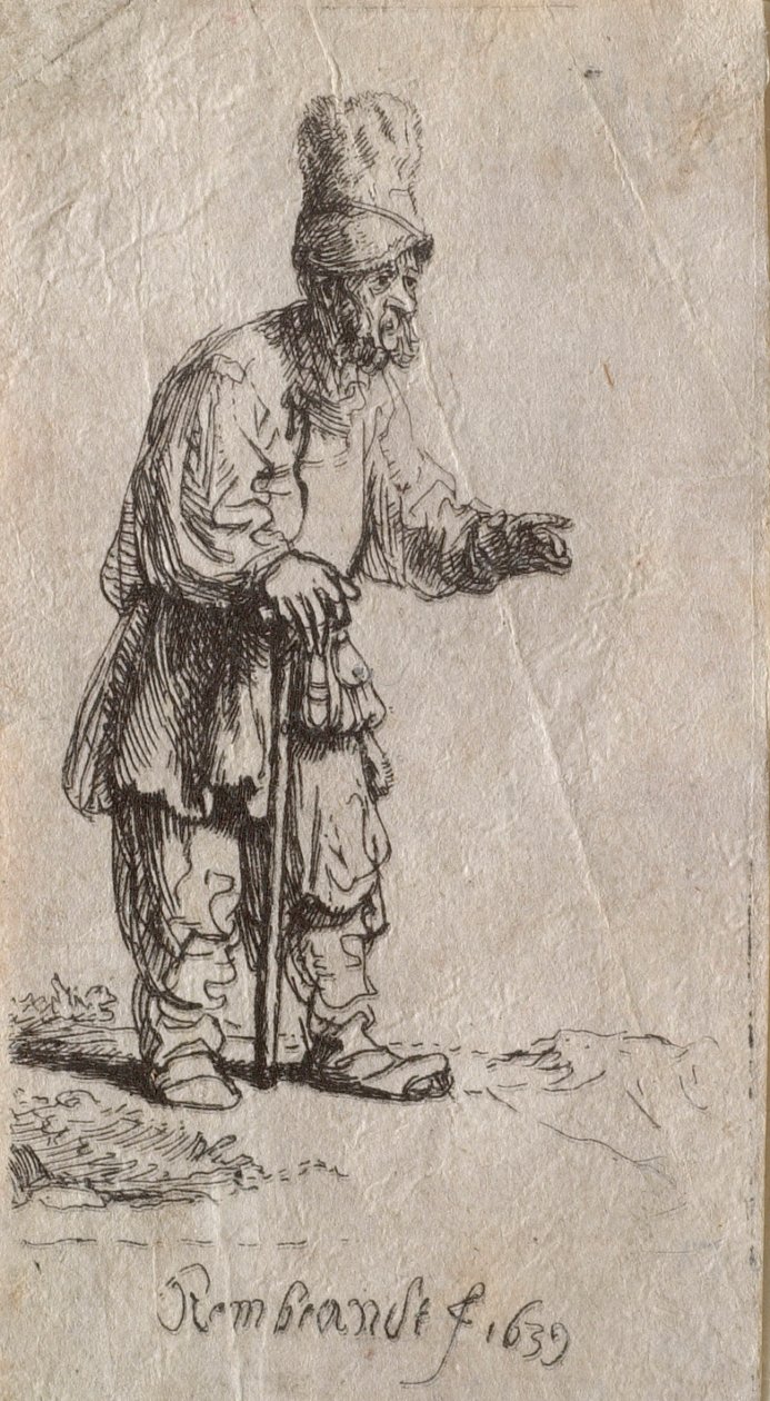 Camponês com barrete alto, de pé, apoiado num bastão de Rembrandt van Rijn