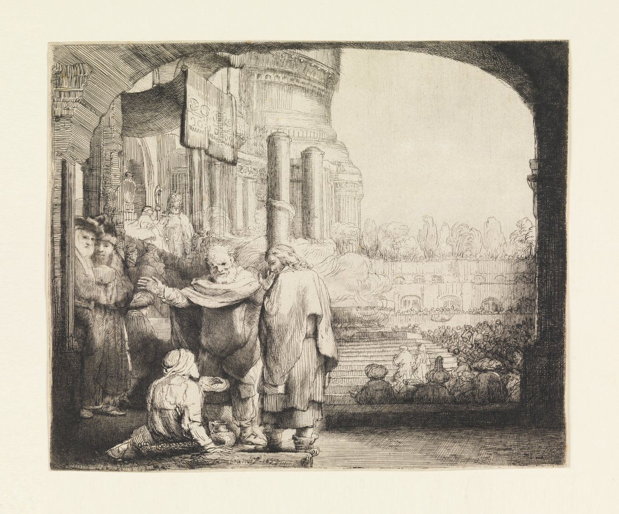 Pedro e João curando o aleijado no portão do templo de Rembrandt van Rijn