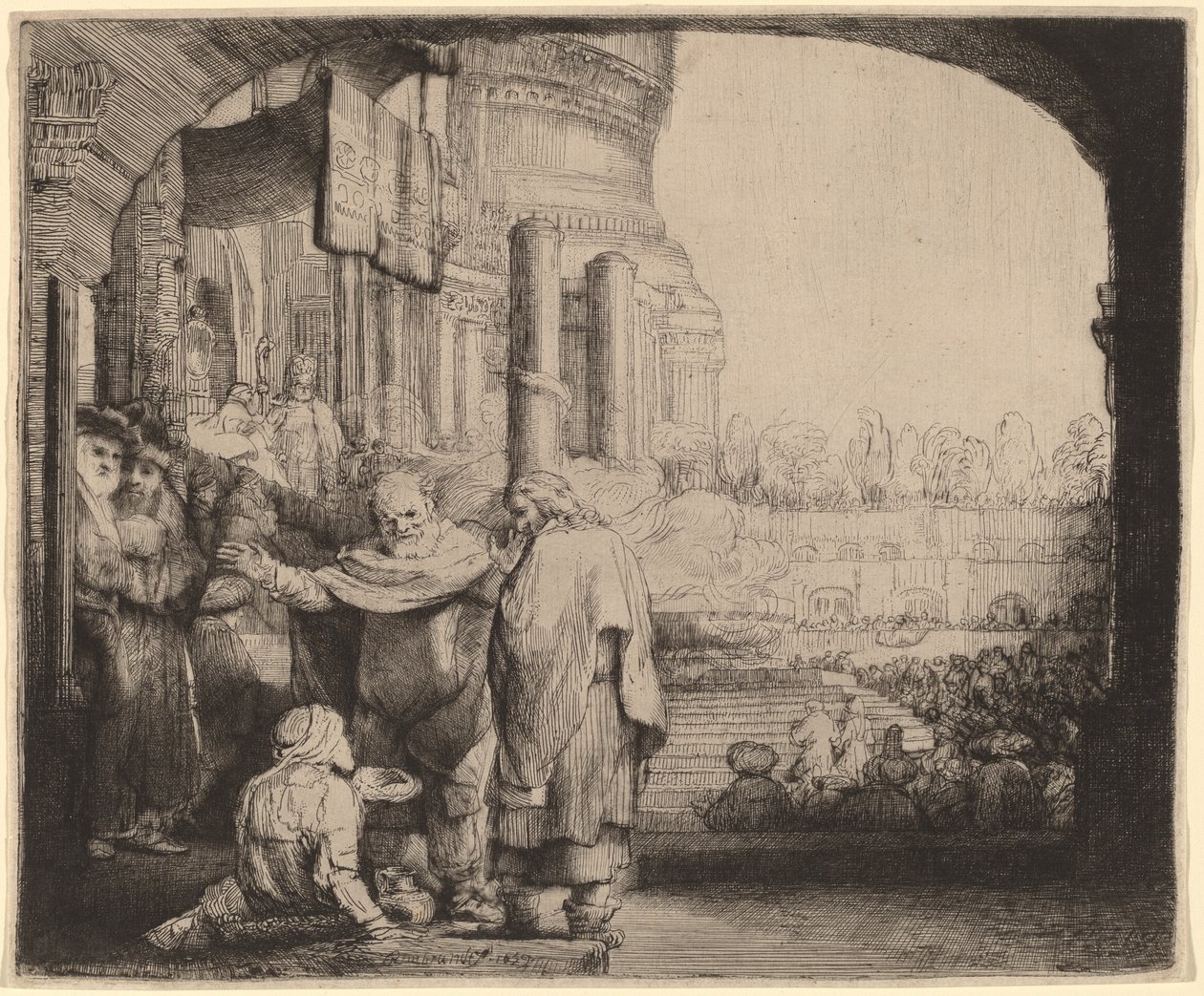 Pedro e João curando o aleijado no portão do templo de Rembrandt van Rijn