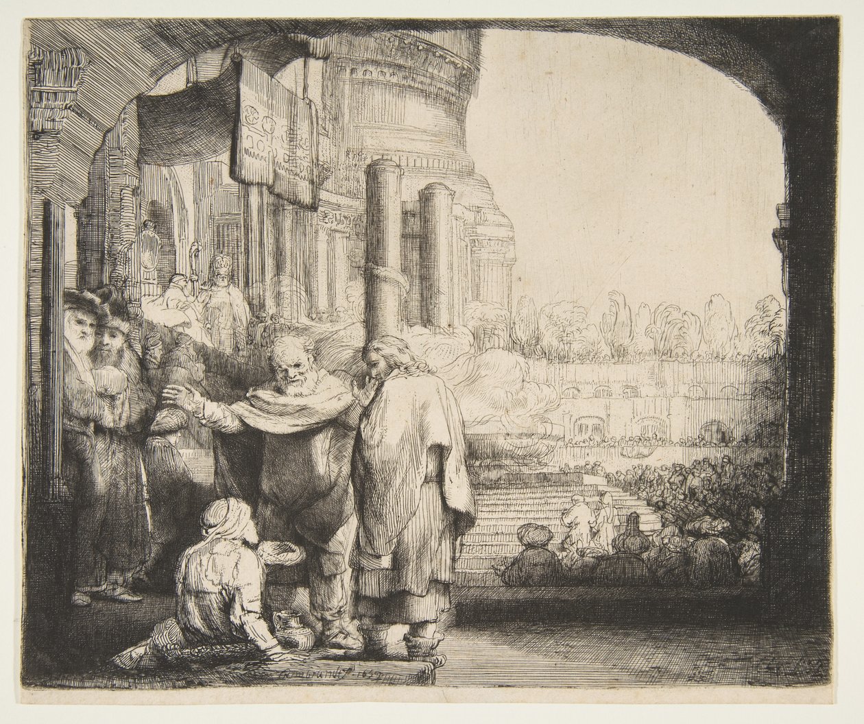 Pedro e João Curando o Aleijado no Portão do Templo, 1659. de Rembrandt van Rijn