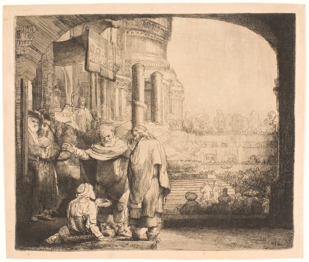 Pedro e João curando o aleijado na porta do templo de Rembrandt van Rijn