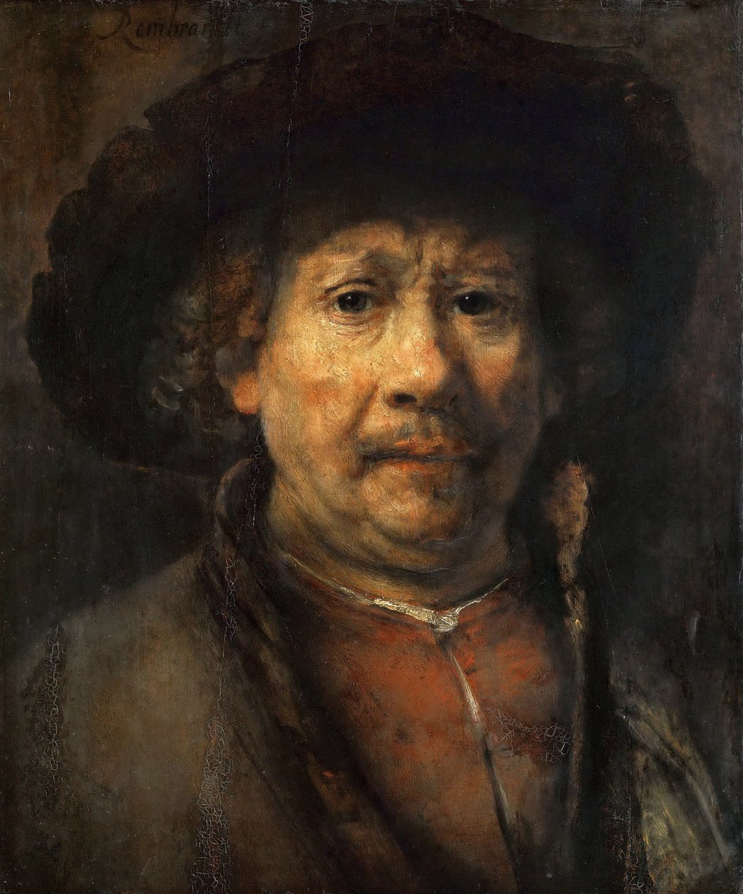 Petit autoportrait - Pequeno Auto-retrato, de Rembrandt van Rhijn (1606-1669). Óleo sobre madeira, ca 1657 . Dimensão : 48x40,6 cm. Museu de História de Arte, Vienne de Rembrandt van Rijn