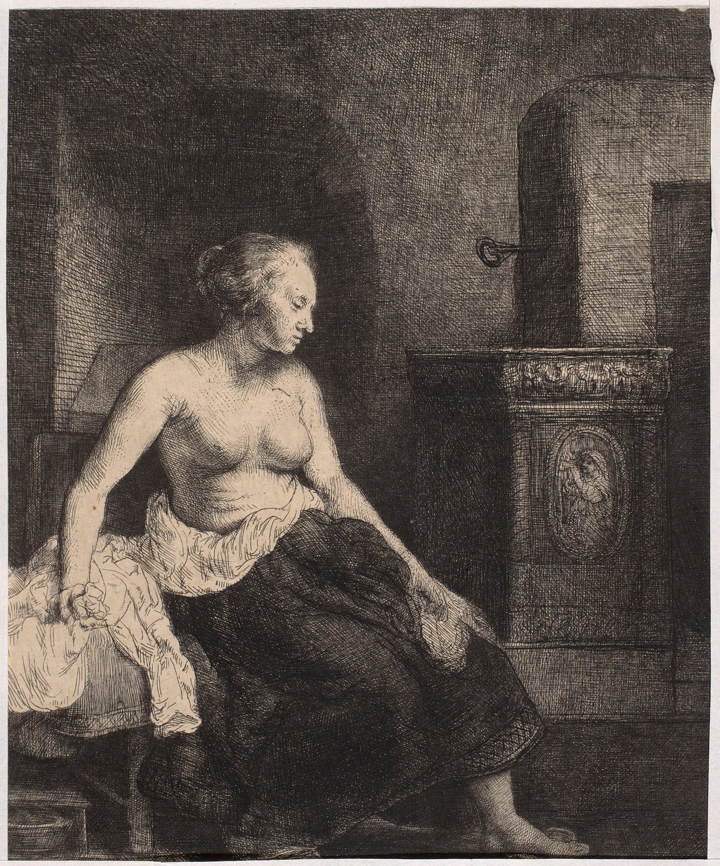 Mulher seminu sentada junto à lareira de Rembrandt van Rijn