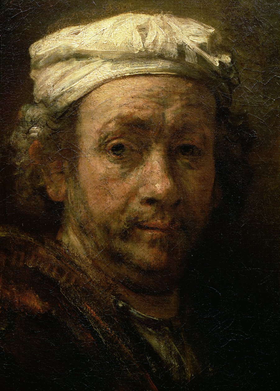 Retrato do artista em seu cavalete, detalhe do rosto, 1660 (detalhe de 91054) de Rembrandt van Rijn