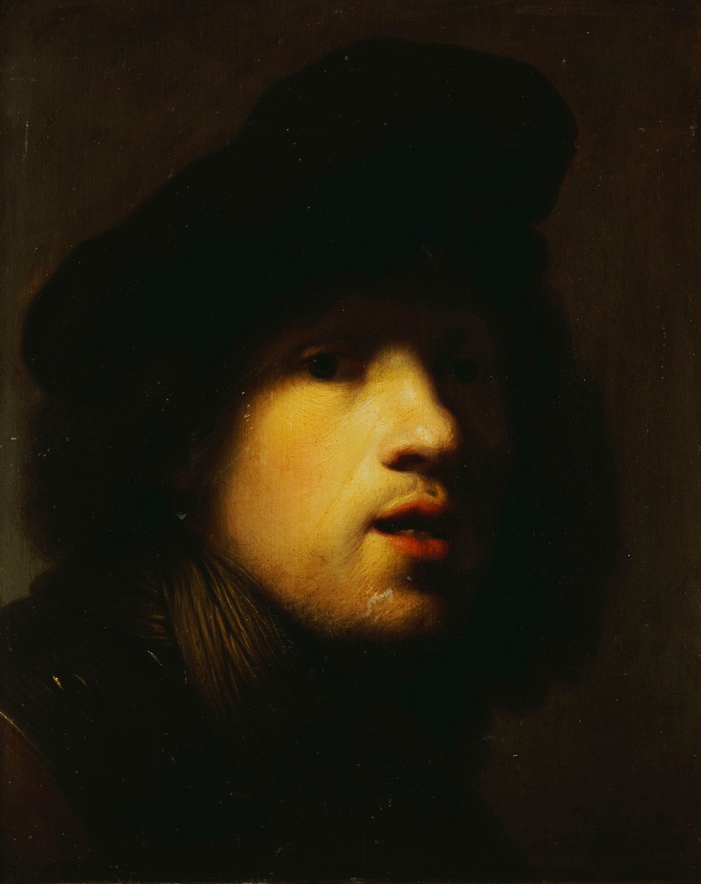 Retrato do artista, cabeça e ombros, em uma boina preta e um gorget de Rembrandt van Rijn