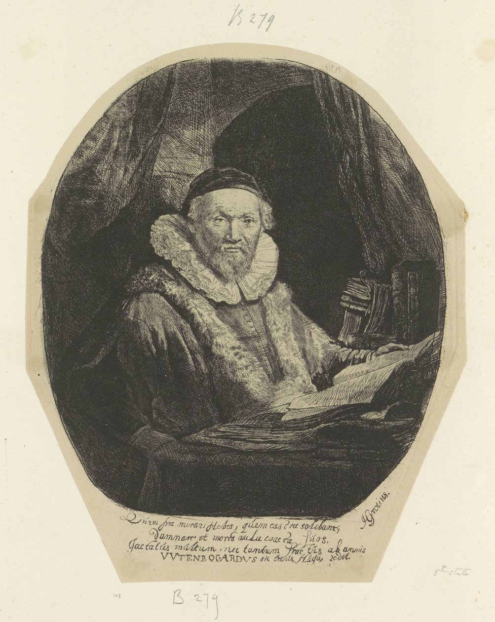 Portret van de Remonstrantse predikant Jan Wtenbogaert
Colecção de oitenta e cinco estampas originais (título da série) de Rembrandt van Rijn