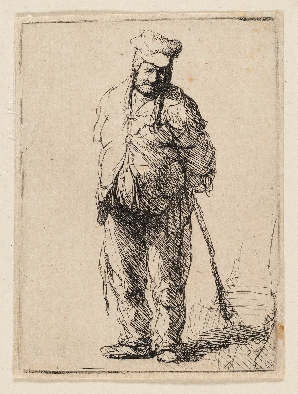 Camponês esfarrapado com as mãos atrás dele, segurando uma vara de Rembrandt van Rijn