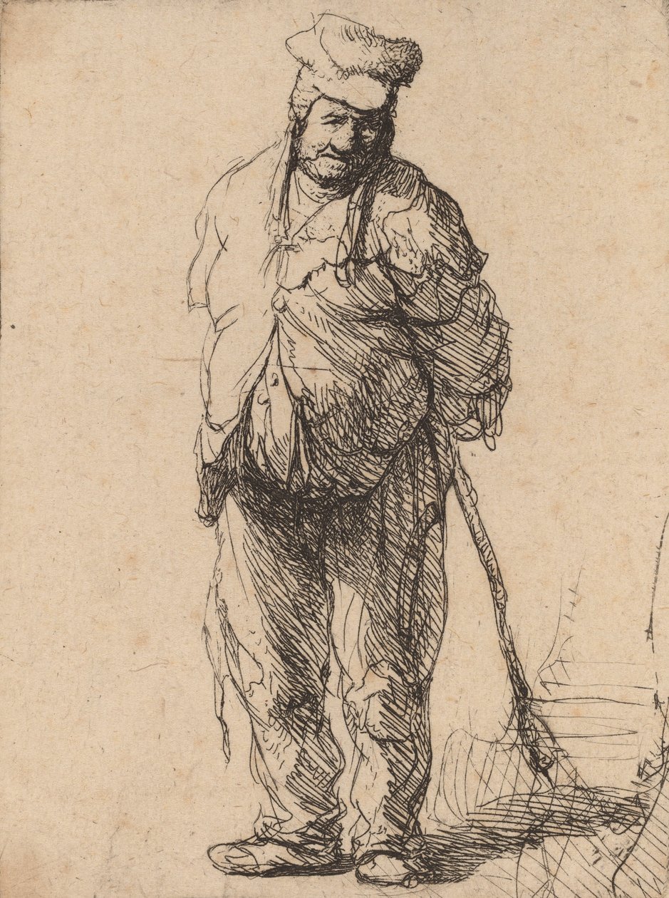 Camponês esfarrapado com as mãos atrás dele, segurando uma vara, c. 1630. de Rembrandt van Rijn