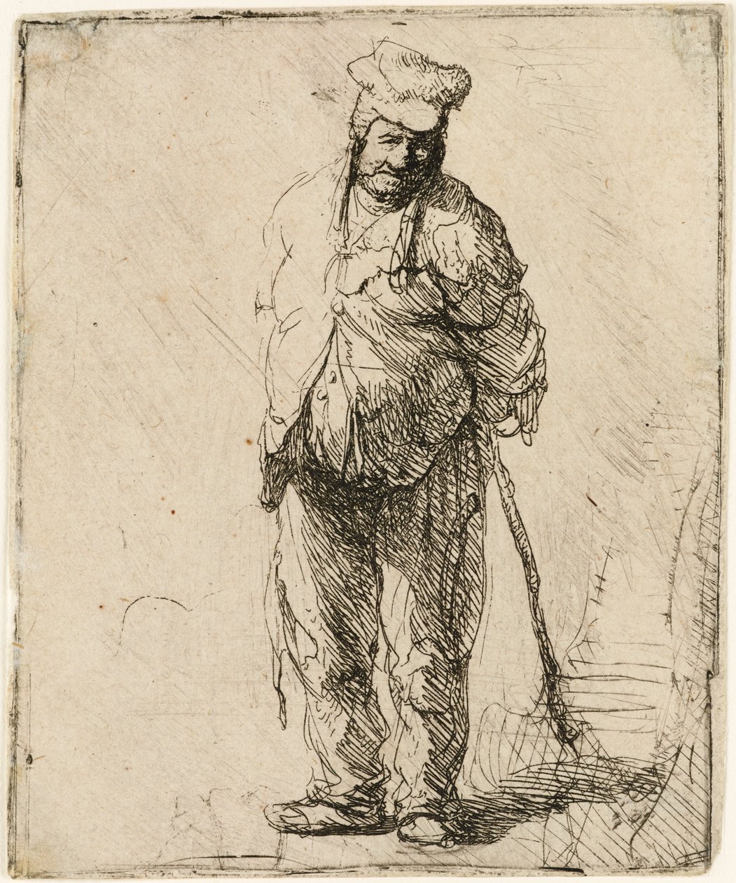 Camponês esfarrapado com as mãos atrás dele, segurando uma vara, c.1630. de Rembrandt van Rijn