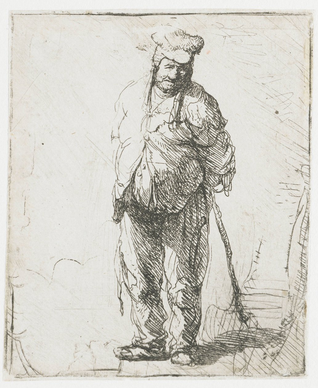 Camponês maltrapilho, com as mãos atrás das costas, segurando um pau de Rembrandt van Rijn