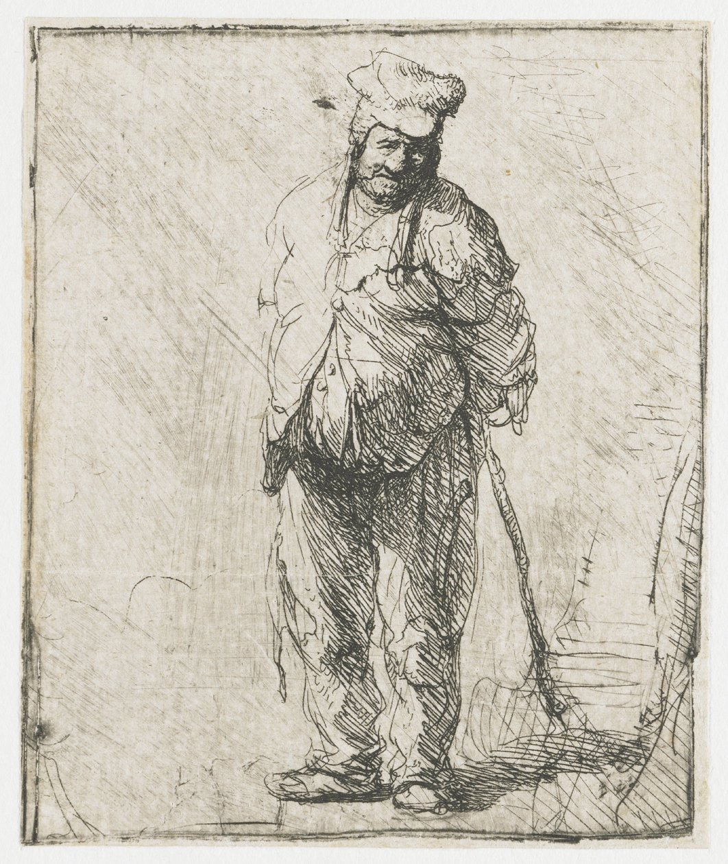 Camponês maltrapilho, com as mãos atrás das costas, segurando um pau de Rembrandt van Rijn