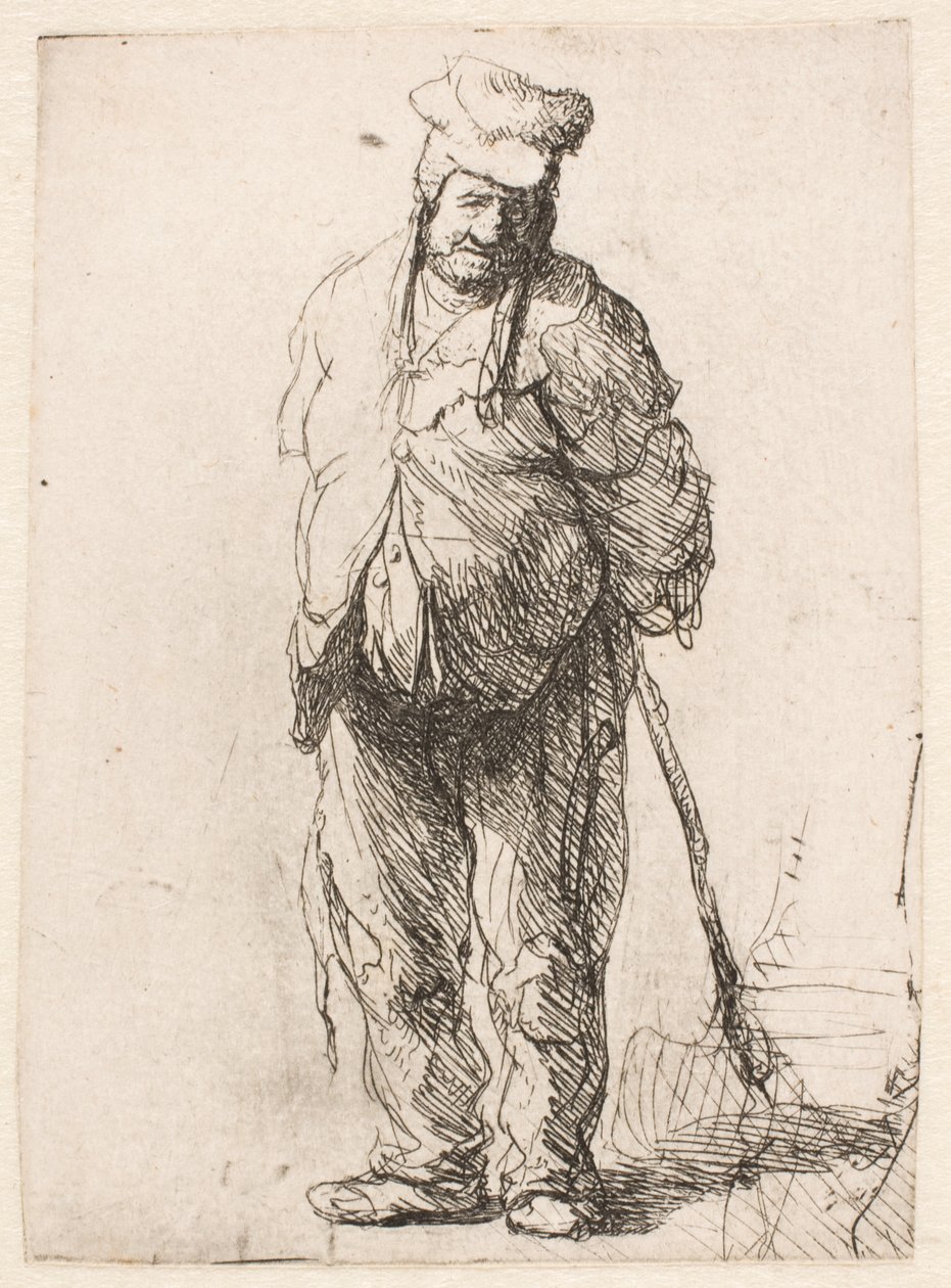 Camponês maltrapilho, com as mãos atrás das costas, segurando um pau de Rembrandt van Rijn