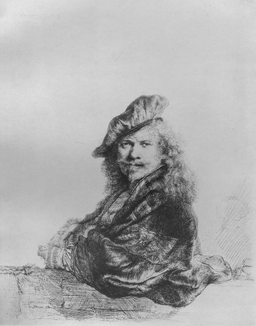 Rembrandt, apoiando-se em um peitoril de pedra, 1639 de Rembrandt van Rijn