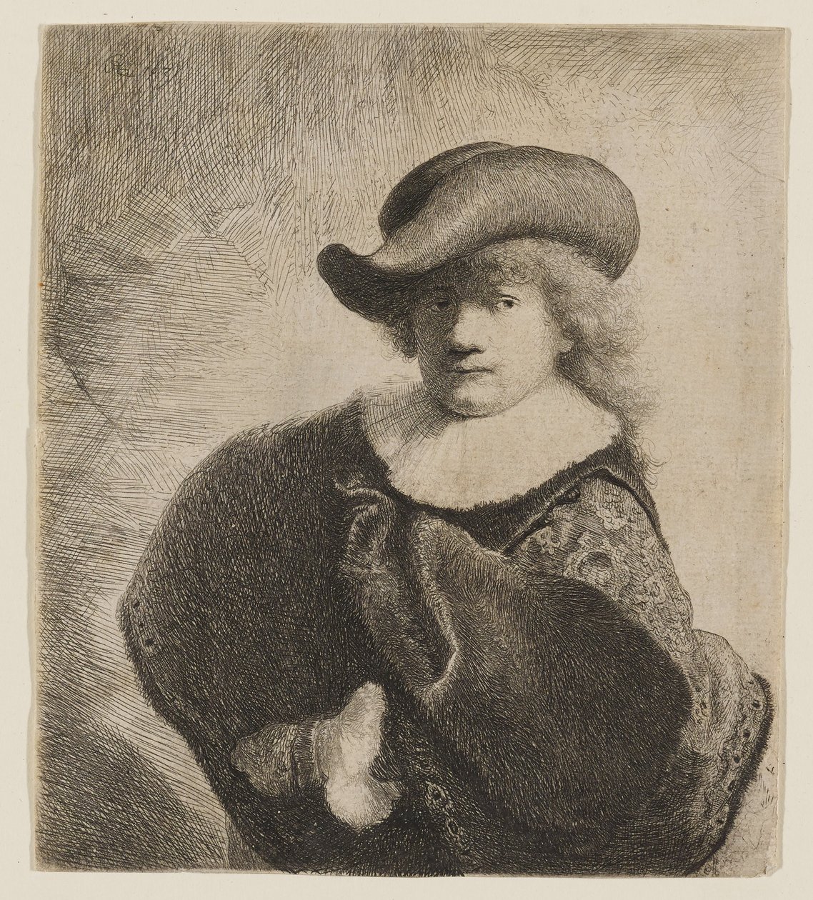 Rembrandt com um chapéu mole inclinado para o lado de Rembrandt van Rijn