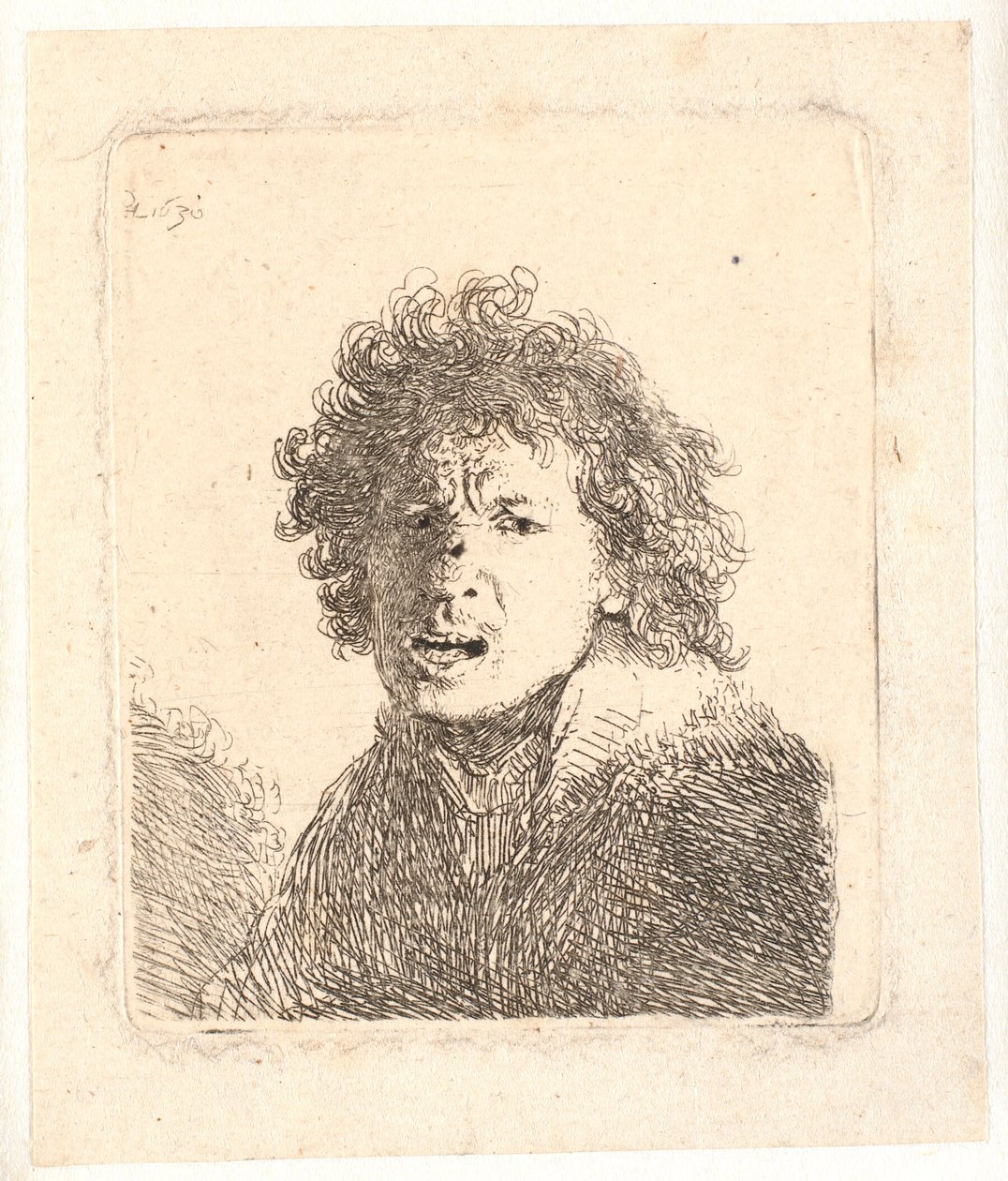 Rembrandt com a cabeça descoberta e a boca aberta, como se gritasse: busto de Rembrandt van Rijn