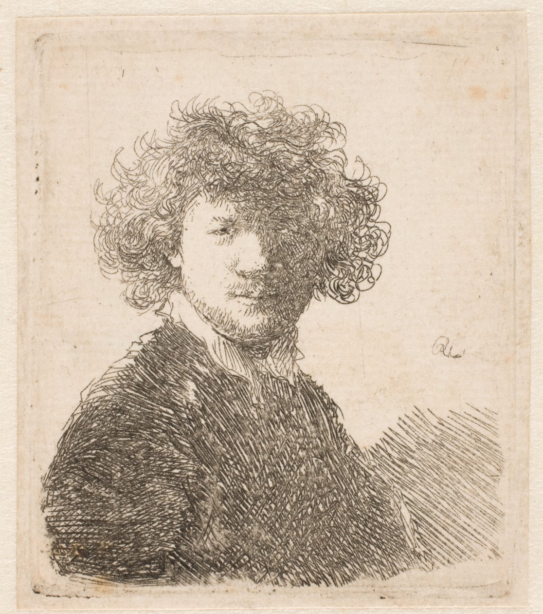Rembrandt sem chapéu, com cabelo espesso e encaracolado e uma pequena gola branca: busto de Rembrandt van Rijn