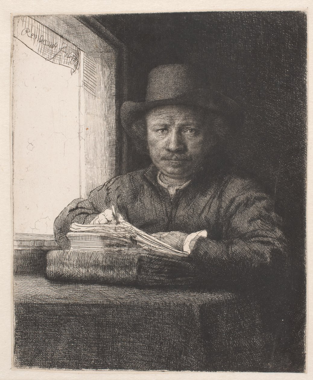 Rembrandt desenhando em uma janela de Rembrandt van Rijn