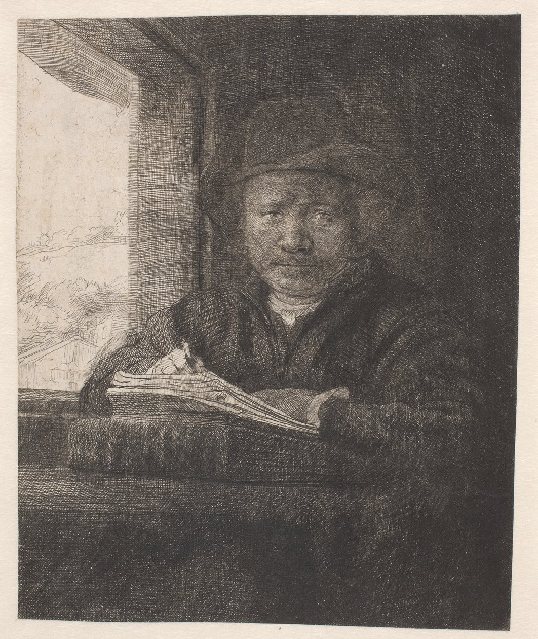 Rembrandt desenhando em uma janela de Rembrandt van Rijn