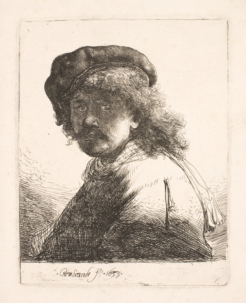 Rembrandt com boné e cachecol: rosto sombrio: busto de Rembrandt van Rijn
