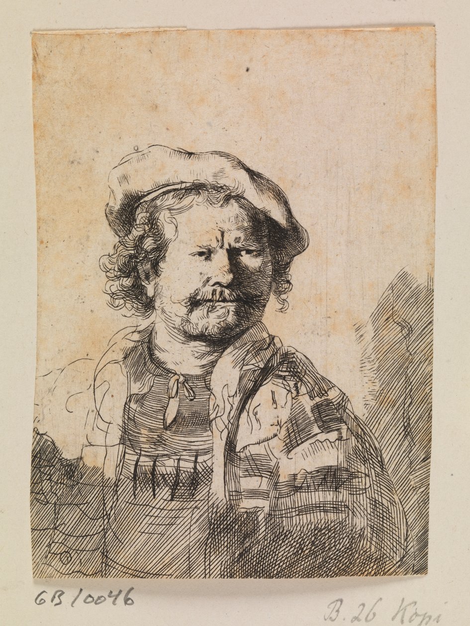 Rembrandt com um boné e um vestido bordado de Rembrandt van Rijn
