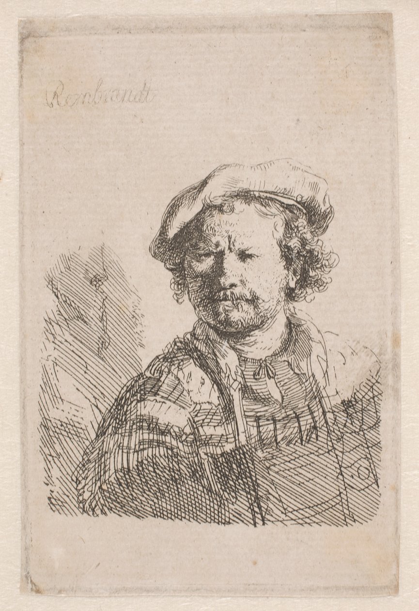 Rembrandt em um boné chato com um xale sobre os ombros de Rembrandt van Rijn