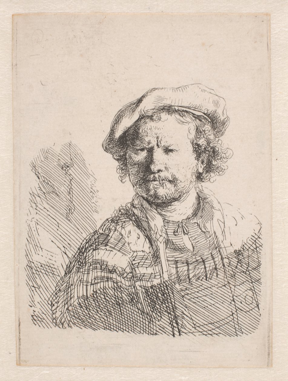 Rembrandt em um boné chato com um xale sobre os ombros de Rembrandt van Rijn