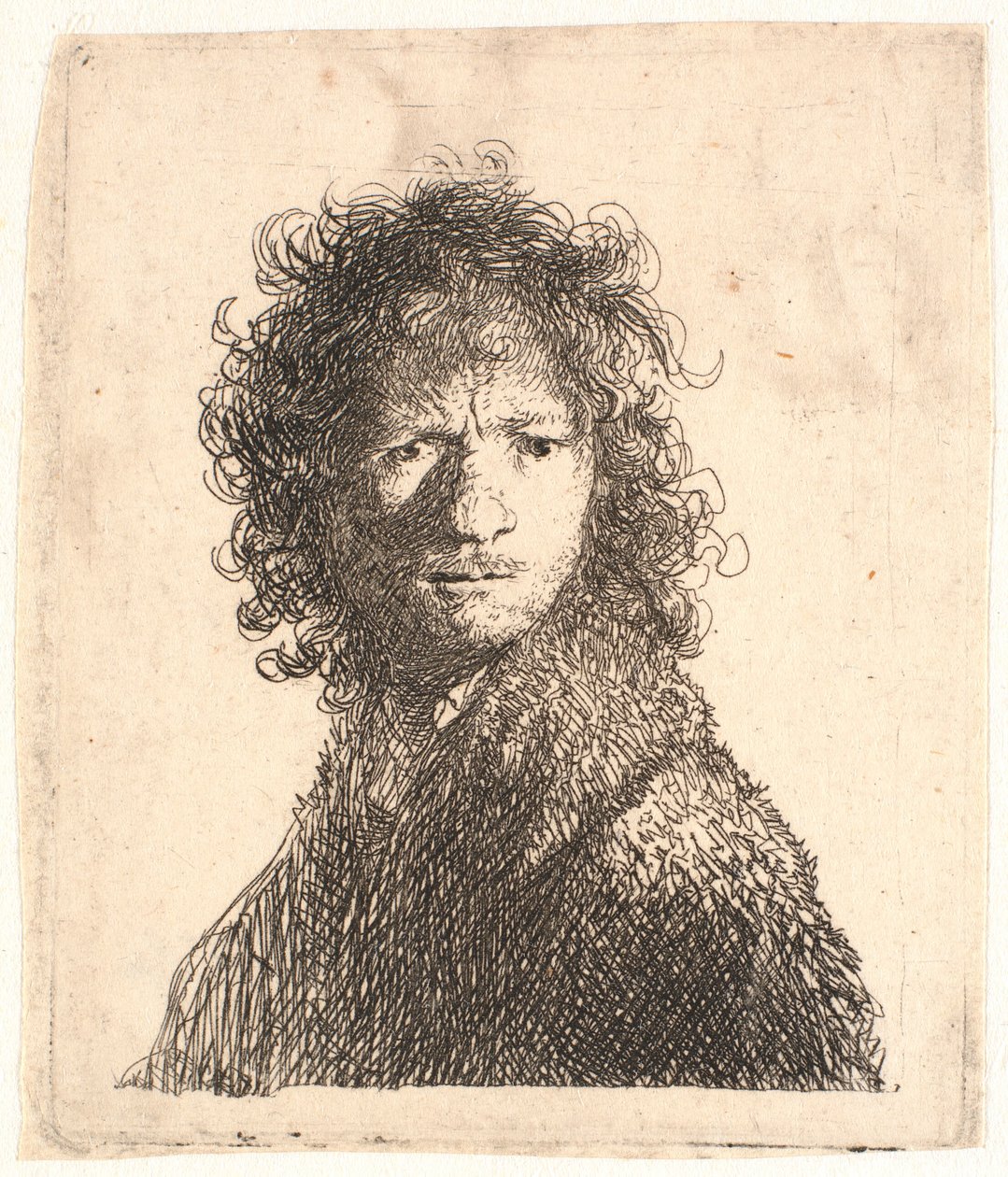 Rembrandt com a cabeça de varejeira, sob luz forte da direita: olhando por cima do ombro: busto de Rembrandt van Rijn