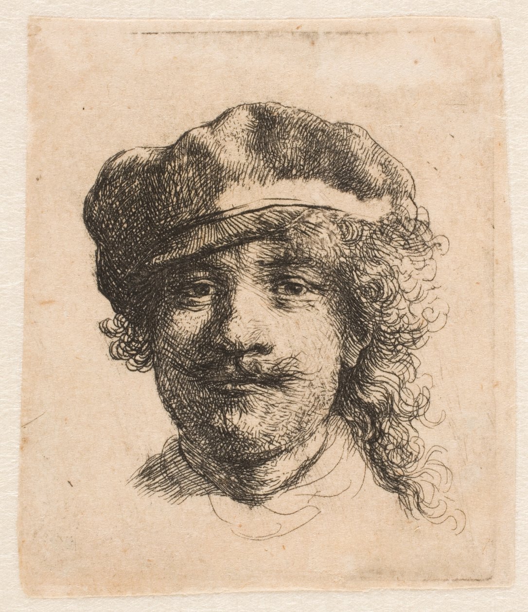 Rembrandt com um boné de tecido leve: de frente: apenas a cabeça de Rembrandt van Rijn