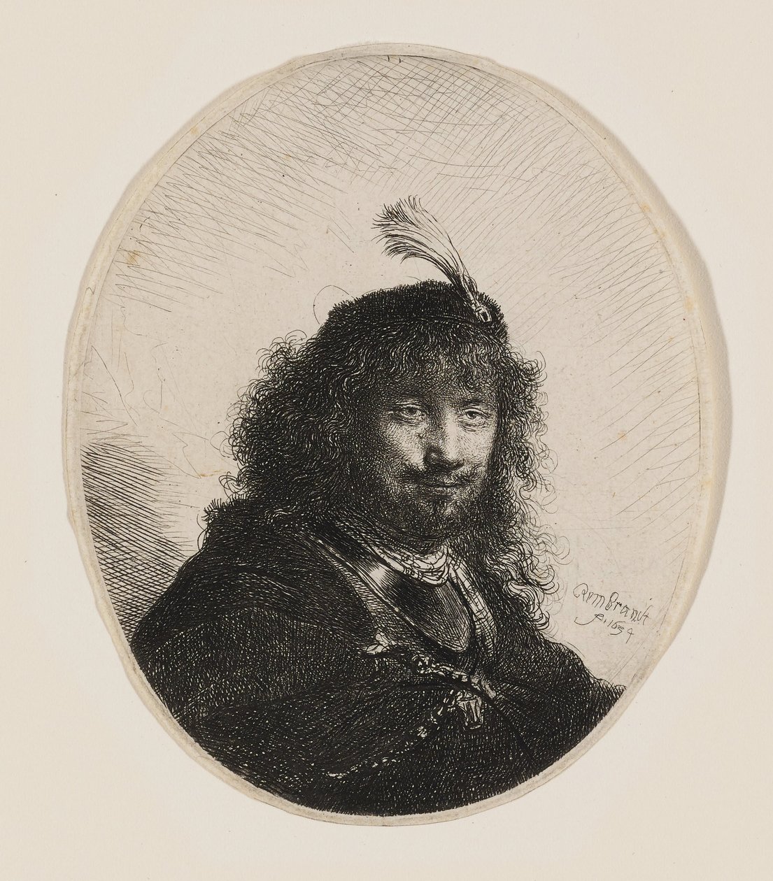 Rembrandt com gorro com plumas e sabre abaixado de Rembrandt van Rijn