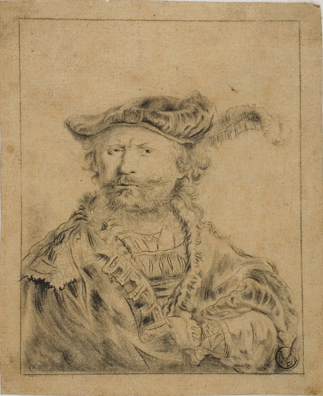 Rembrandt com um chapéu emplumado de Rembrandt van Rijn