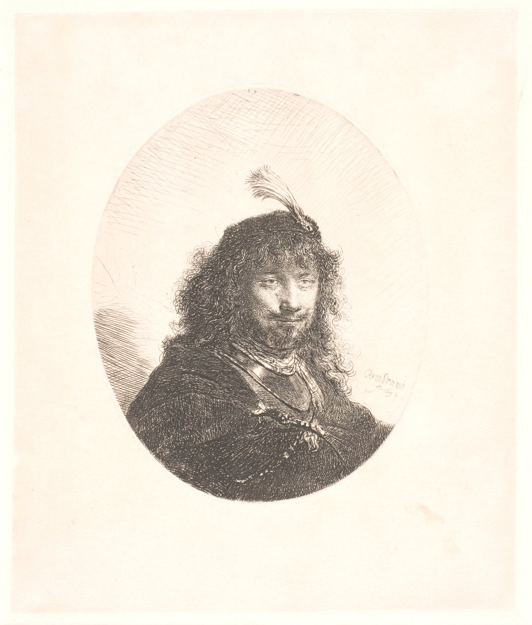 Rembrandt com gorro com plumas e sabre baixado: retrato de três quartos: posteriormente, busto em oval de Rembrandt van Rijn