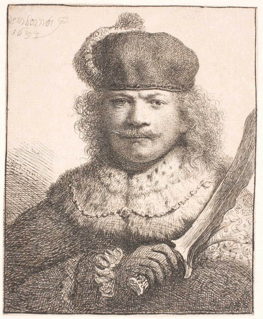 Rembrandt com o sabre erguido: retrato de meio corpo de Rembrandt van Rijn