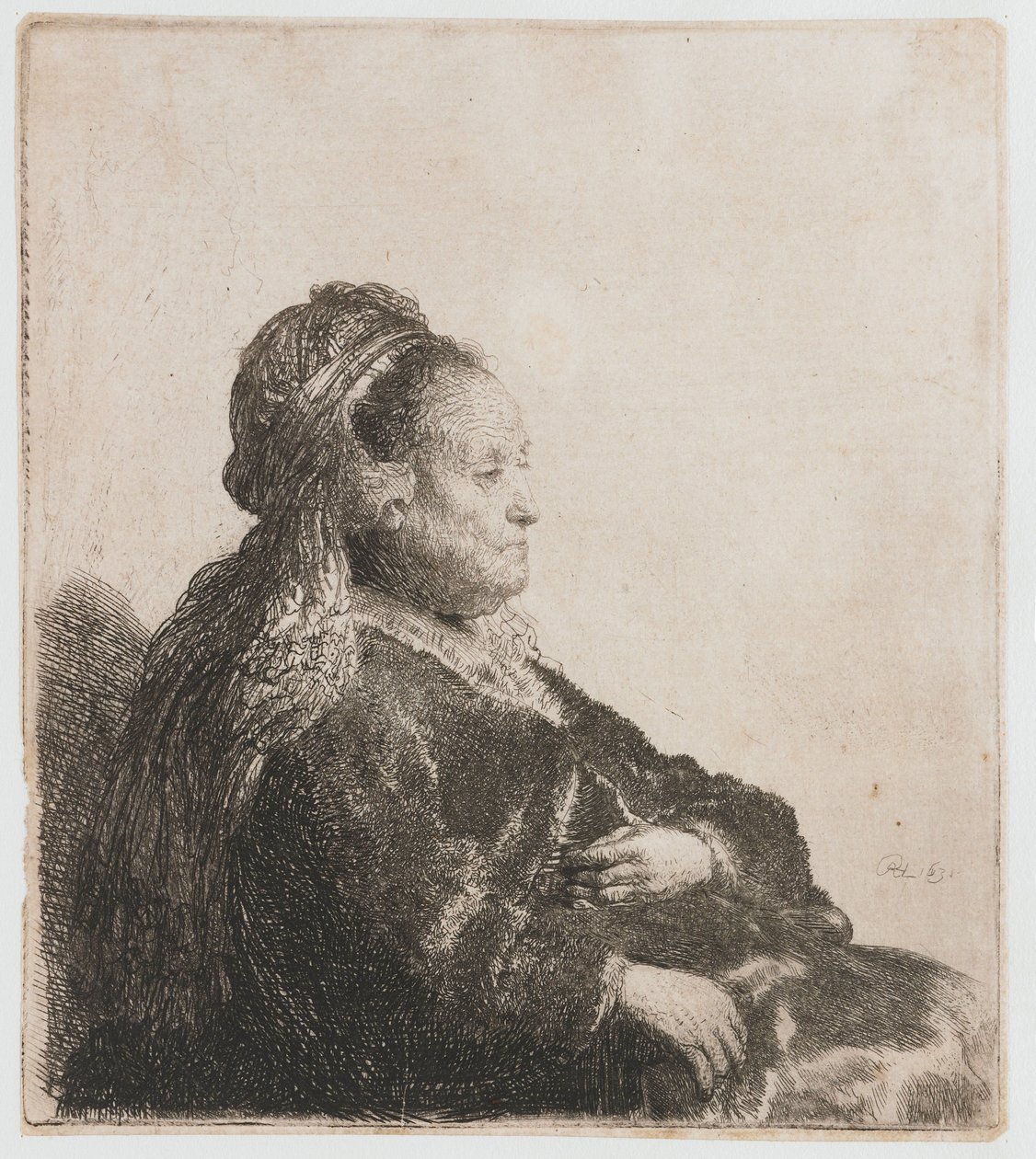 Sentada a Mãe de Rembrandt
A mãe da artista sentada, com um toucado oriental: meio comprimento de Rembrandt van Rijn