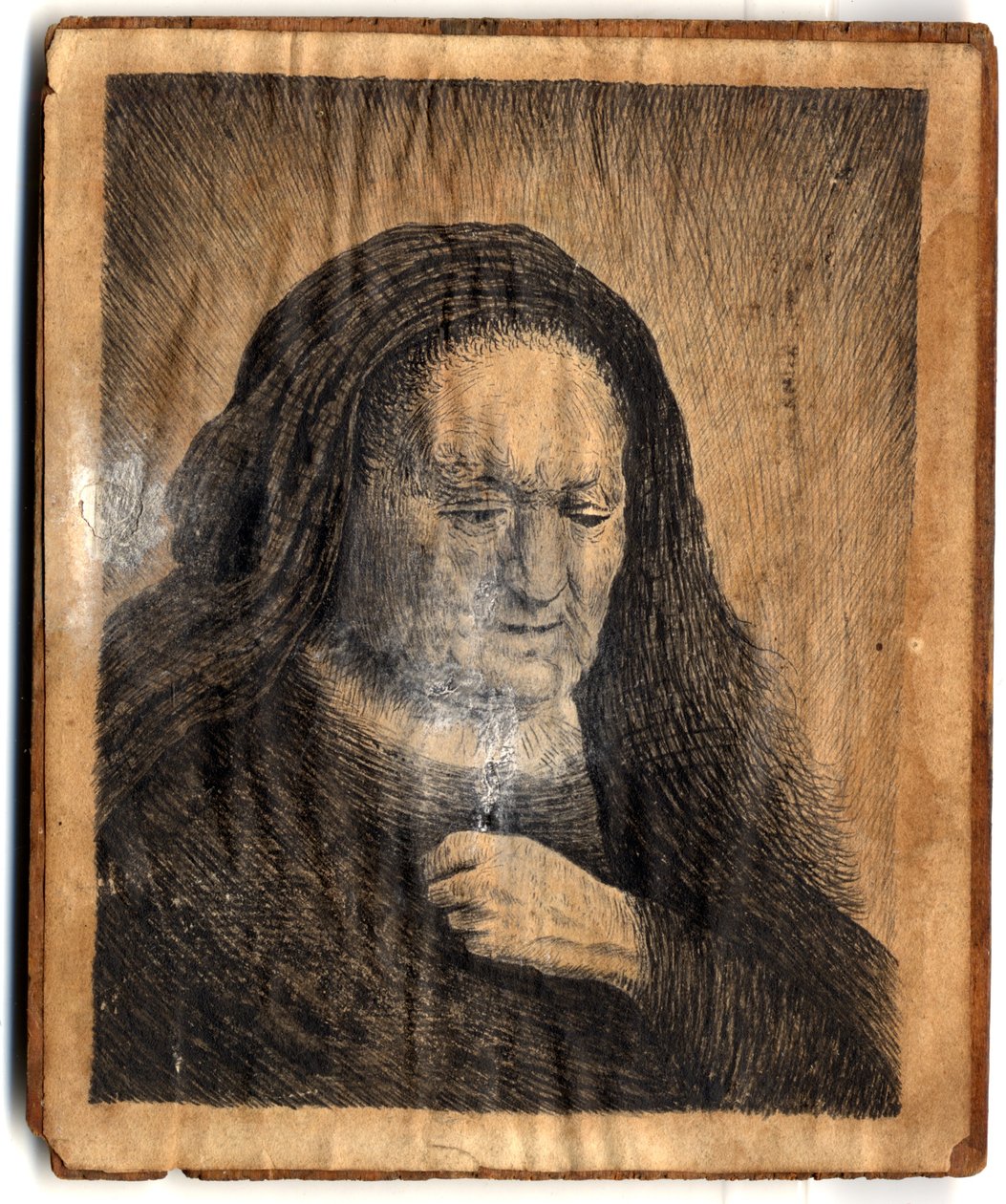 Rembrandts Mãe com a mão em seu peito, pelo Reverendo John Brand, 1782 (lápis e wc no papel) de Rembrandt van Rijn