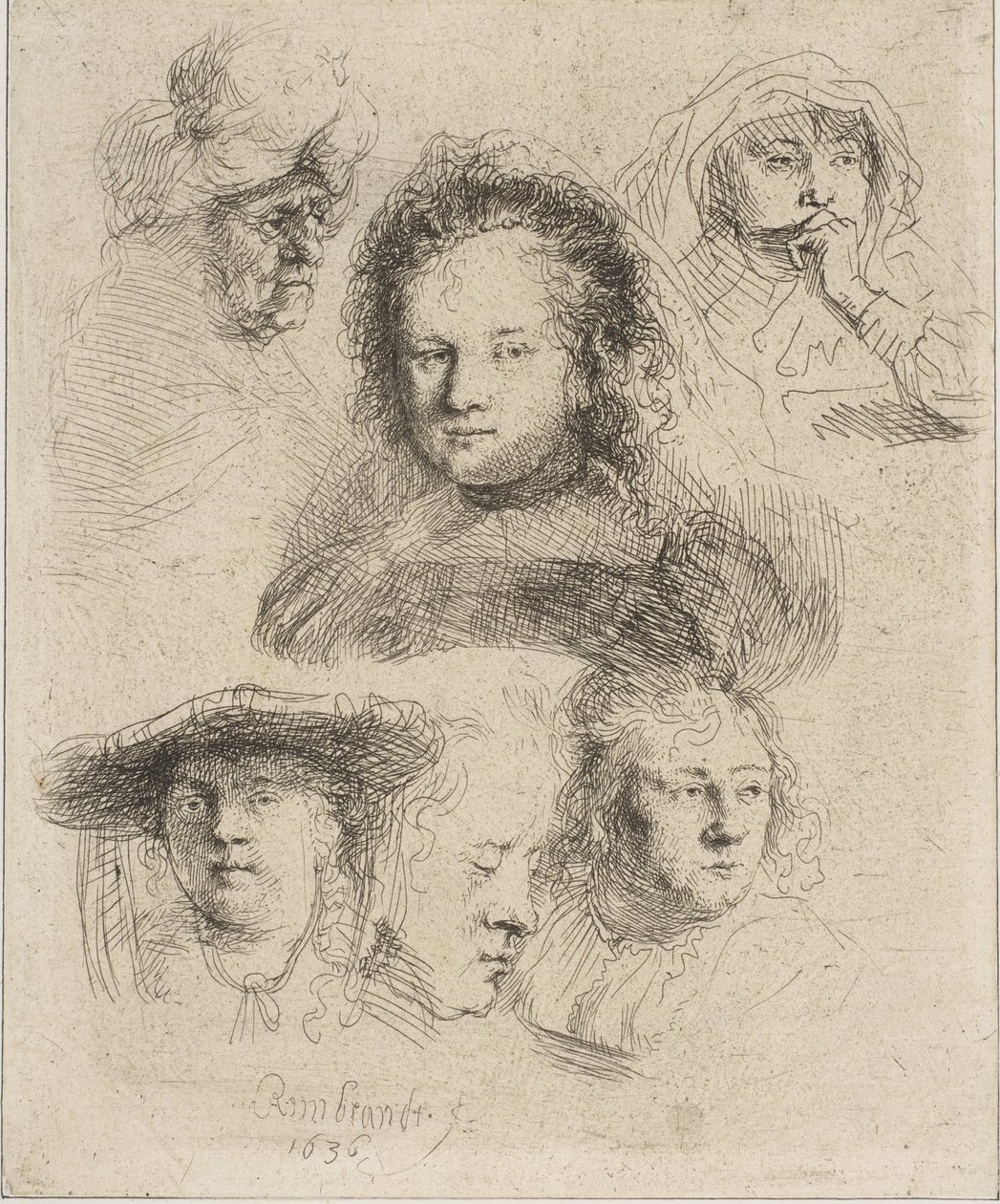 A esposa de Rembrandt e cinco outras cabeças, 1636. de Rembrandt van Rijn