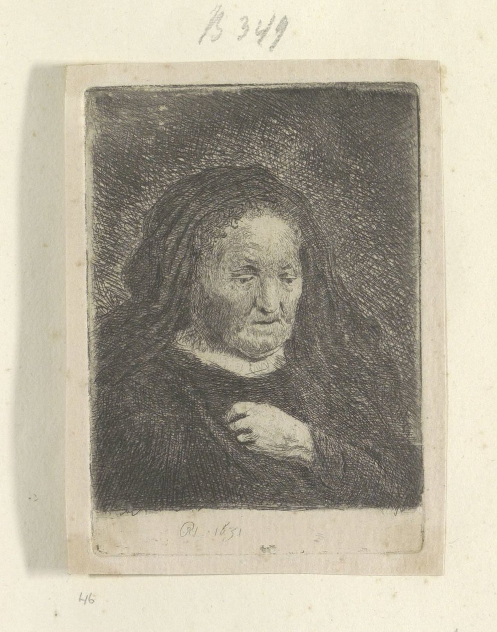 A mãe de Rembrandt com a mão no peito: busto pequeno Recueil de quatre-vingt-cinq estampes originales (título da série) de Rembrandt van Rijn