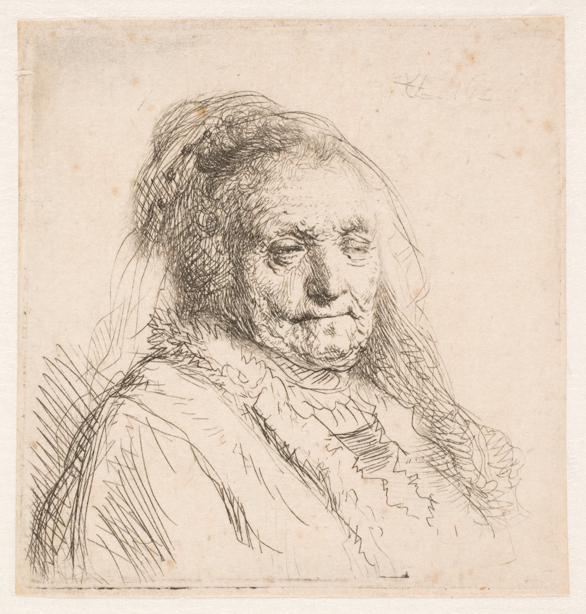 A mãe de Rembrandt: cabeça e busto, em três quartos de Rembrandt van Rijn