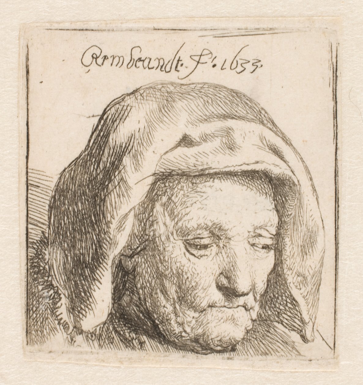 A mãe de Rembrandt com um toucado de pano, com o olhar voltado para baixo: apenas a cabeça de Rembrandt van Rijn