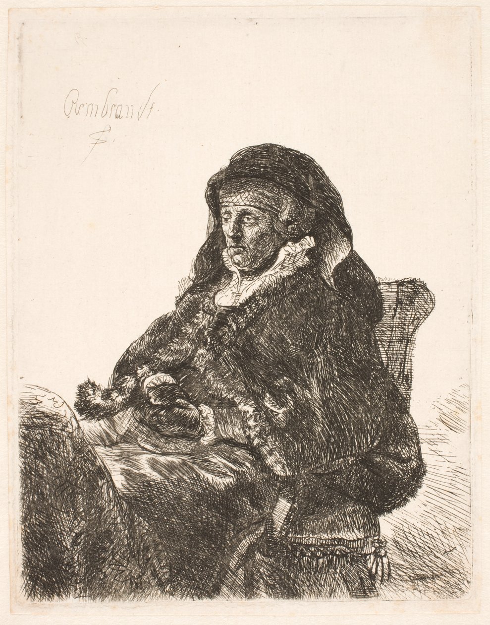 A mãe de Rembrandt com vestido de viúva e luvas pretas de Rembrandt van Rijn