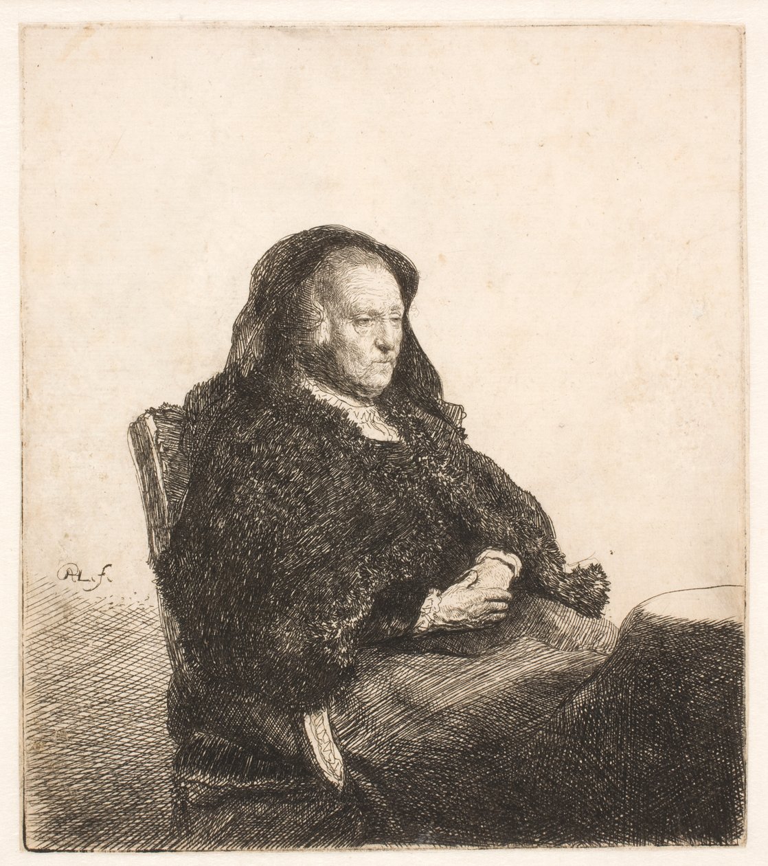A mãe de Rembrandt, sentada à mesa, a olhar para a direita: retrato de três quartos de Rembrandt van Rijn