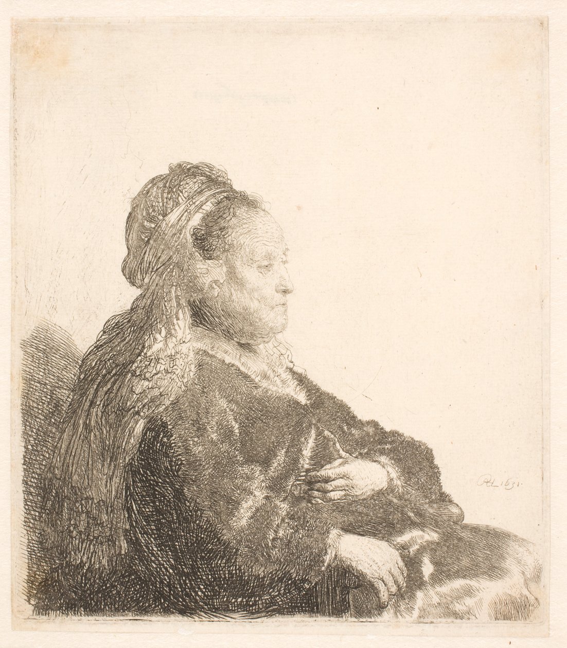 A mãe de Rembrandt sentada de frente para a direita, com um cocar oriental: meio comprimento, mostrando as mãos de Rembrandt van Rijn