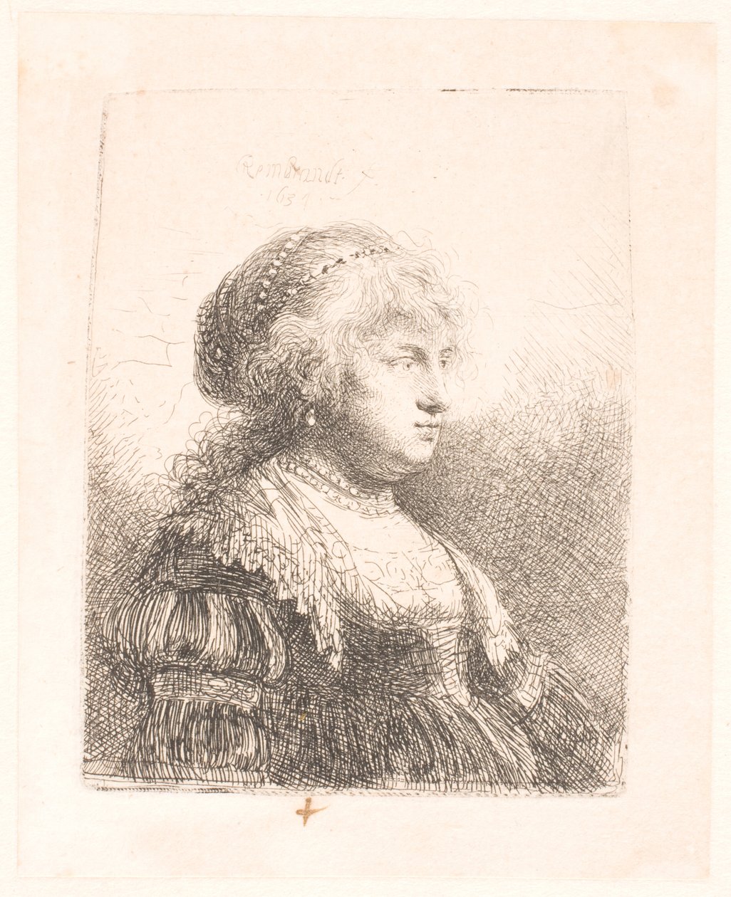 Saskia, a esposa de Rembrandt, com pérolas no cabelo, busto de Rembrandt van Rijn