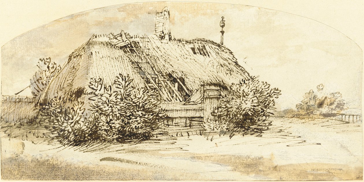 Cabana de colmo arruinada, coberta de arbustos de Rembrandt van Rijn