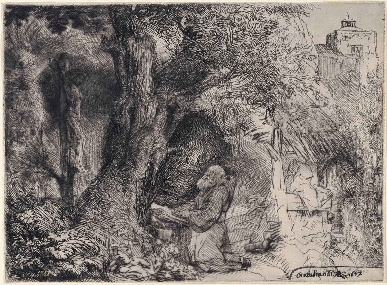 São Francisco a rezar debaixo de uma árvore de Rembrandt van Rijn