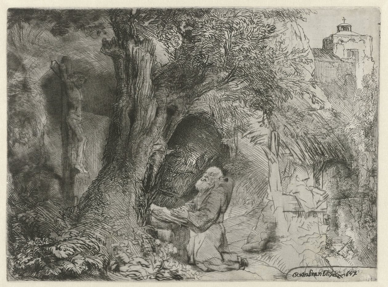 São Francisco debaixo de uma árvore, rezando São Francisco debaixo de uma árvore rezando de Rembrandt van Rijn