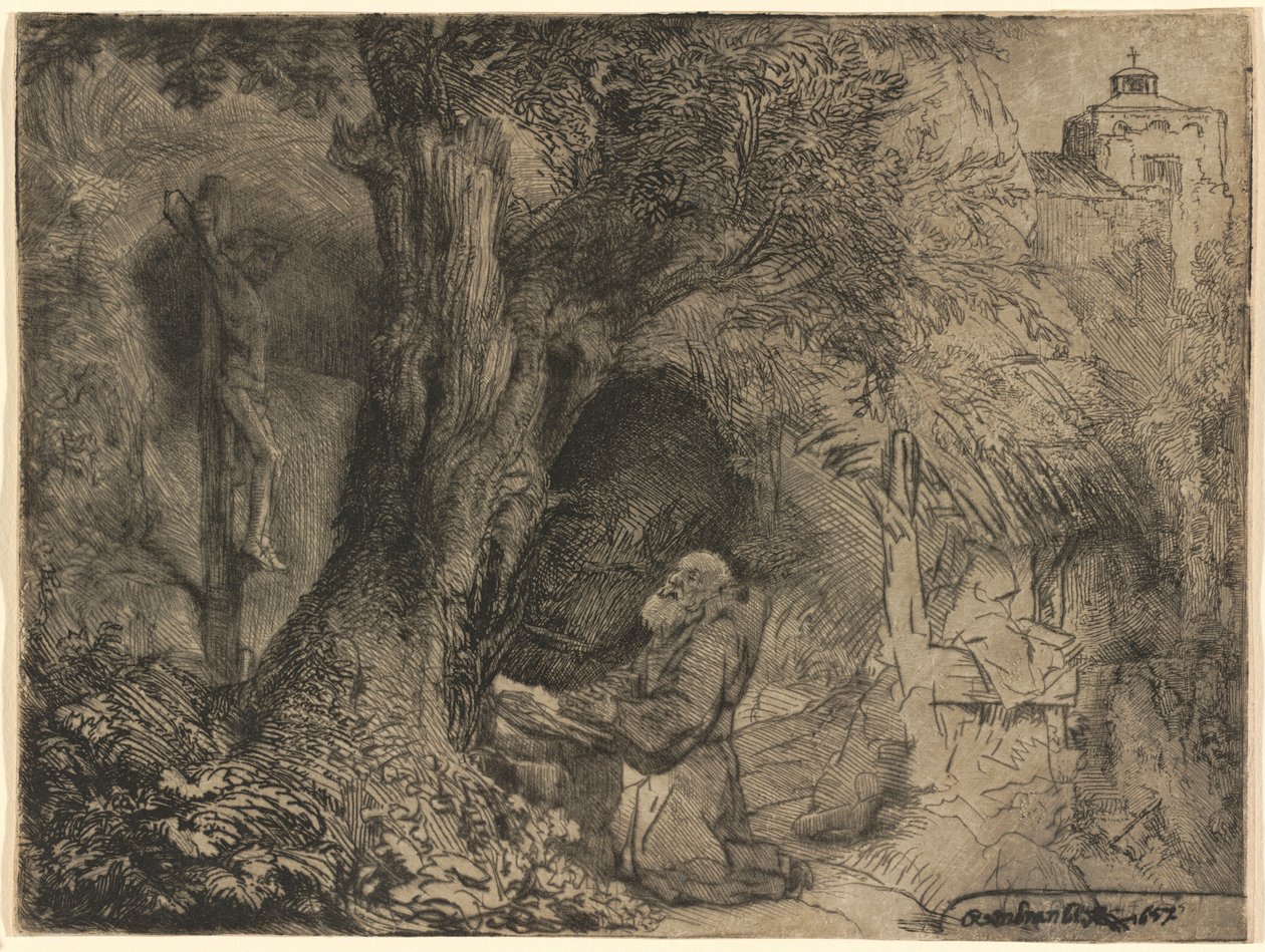 São Francisco debaixo de uma árvore rezando de Rembrandt van Rijn