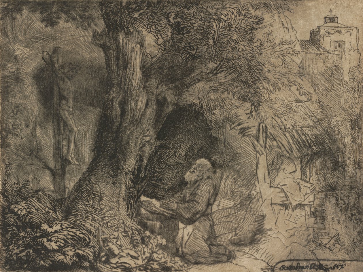 São Francisco debaixo de uma árvore rezando, 1657. de Rembrandt van Rijn